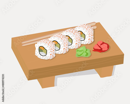 Set of traditional Japanese dishes of rolls and sushi with seafood. On a wooden tray. Cartoon vector illustration hand drawing