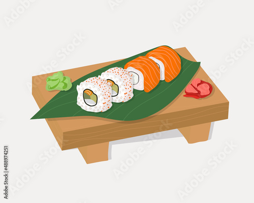 Set of traditional Japanese dishes of rolls and sushi with seafood. On a wooden tray. Cartoon vector illustration hand drawing