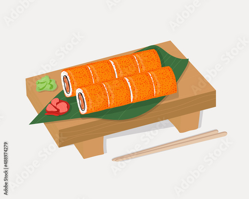 Set of traditional Japanese dishes of rolls and sushi with seafood. On a wooden tray. Cartoon vector illustration hand drawing