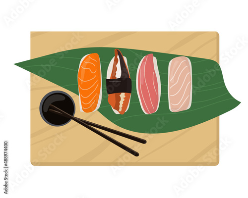 Set of traditional Japanese dishes of rolls and sushi with seafood. On a wooden tray. Cartoon vector illustration hand drawing