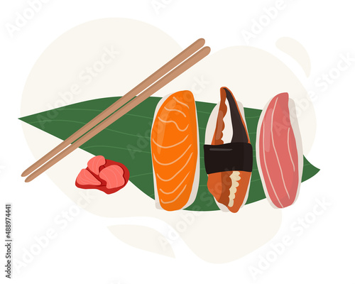 Set of traditional Japanese dishes of rolls and sushi with seafood. Served on a palm leaf. Cartoon vector illustration hand drawing