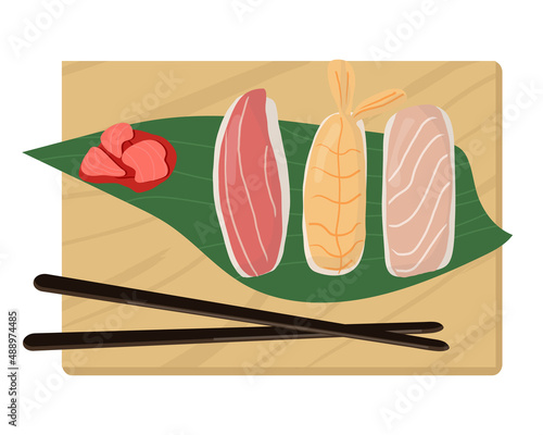 Set of traditional Japanese dishes of rolls and sushi with seafood. On a wooden tray. Cartoon vector illustration hand drawing