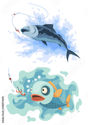 Predatory fish catch. Cartoon fish catching the fishing lure. Pike fishing is jumping to catch bait on hook. Sports hobby. Fishing or hunting on worm vector illustration