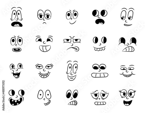 Collection of old retro traditional cartoon animation. Vintage faces of people with different emotions of the 20s 30s. Emoji character expressions 50s 60s. Head faces design elements in comic style
