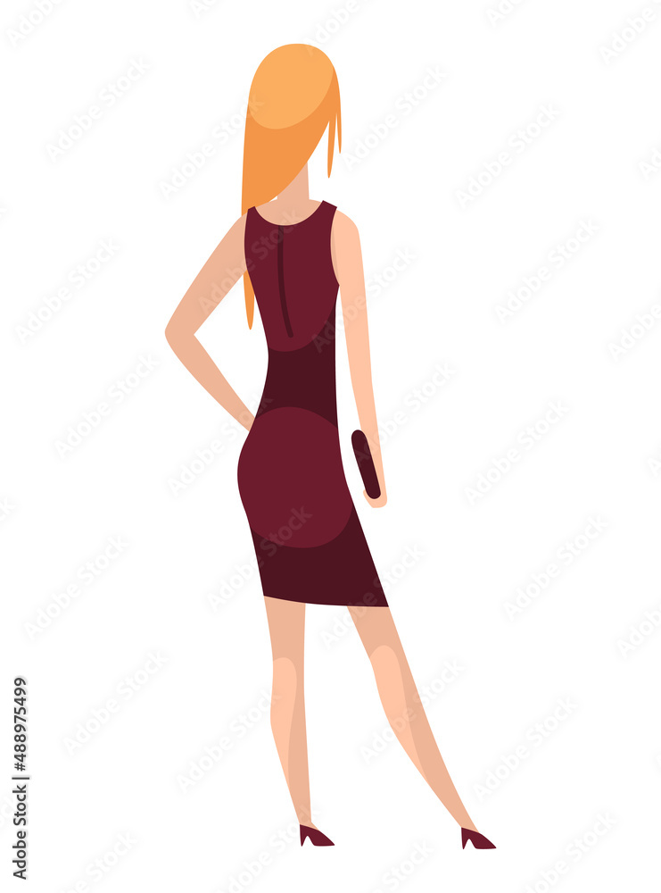 People character back view. Young human. Cartoon vector woman standing illustration. Adult people from behind. Female character in casual outfit People character back view. Young human. Cartoon vector woman standing illustration. Adult people from behind. Female character in casual outfit