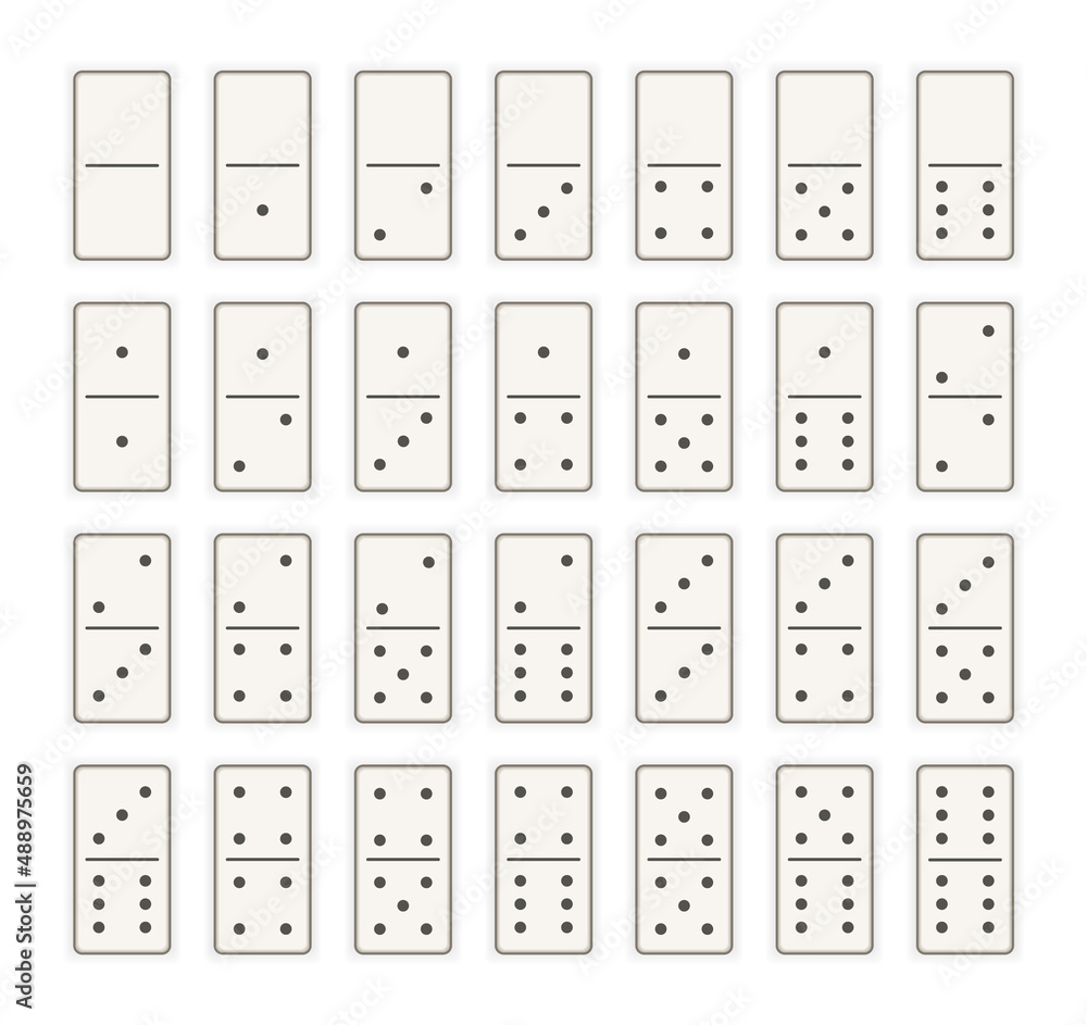 Domino 28 pieces with black spots or dots. Creative vector realistic full set. Bones art graphic design elements. Icon activity and hobbies collection Domino 28 pieces with black spots or dots. Creative vector realistic full set. Bones art graphic design elements. Icon activity and hobbies collection