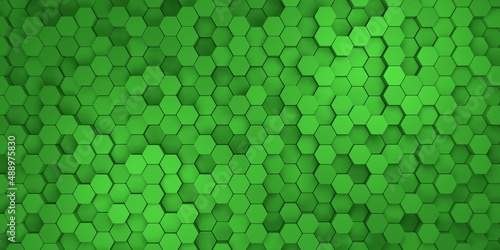 Abstract geometric background with hexagons in green colors. 3d render
