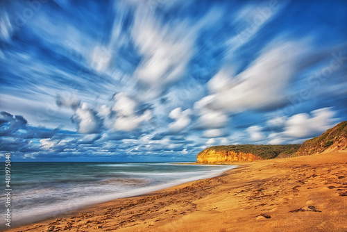 Time exposure of clouds over Bells Beach, Great Ocean Road, Victoria, Australia