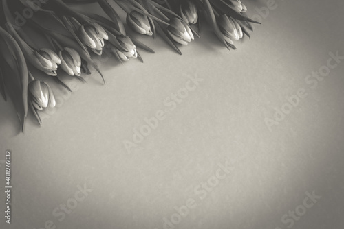 Top view of bunch of tulips arranged on a background in vintage look with copy space on the right. Sepia image.