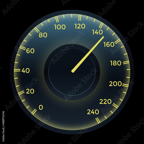 Realistic car dashboard speedometer. Speed measure gauge. Motorbike or motorcycle speed indicator, counter on analog panel. Colorful infographic element