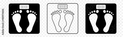 Bathroom scales with foot prints. Digital gadget weight control with seat and electronic dial measuring overweight and fitness fight against vector obesity.