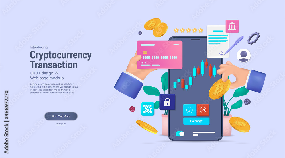 Cryptocurrency transaction online on Mobile App - Mobile banking or wallet. Transferring money or bitcoins via smartphone. 3D crypto wallet concept. Cryptocurrency trading with bitcoin and E-payment