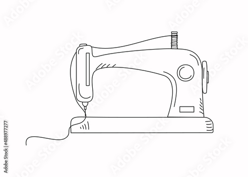 Sewing machine icon. Logo, handmade sign, hobby. Drawing, sketch, doodle. Vector illustration.