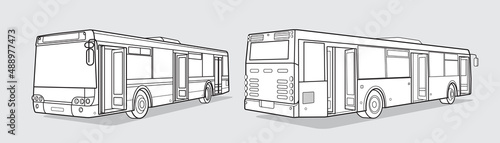 Black outline transport illustration, bus front and back image on white background. Vector design object