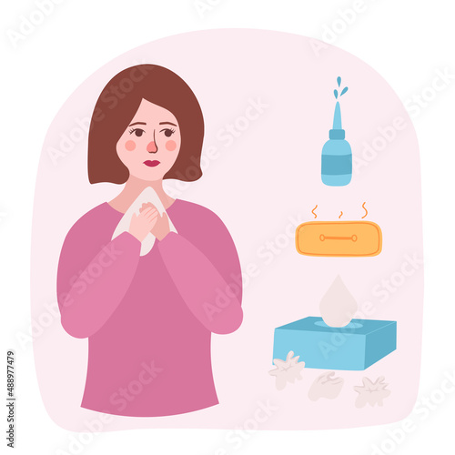 Girl with a runny nose, seasonal allergies, nasal drops, salt heating pad, handkerchiefs, napkins. Vector Illustration for printing, backgrounds, covers, posters, stickers and seasonal design.