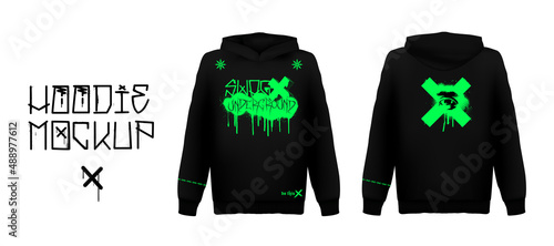 Trendy hoodie with Acid paint print and graffiti lettering and grunge. T-shirt, merch, apparel and typographic concept. Traces of paint that flows down and street tags. Mockup hoodie, t-shirt. Vector