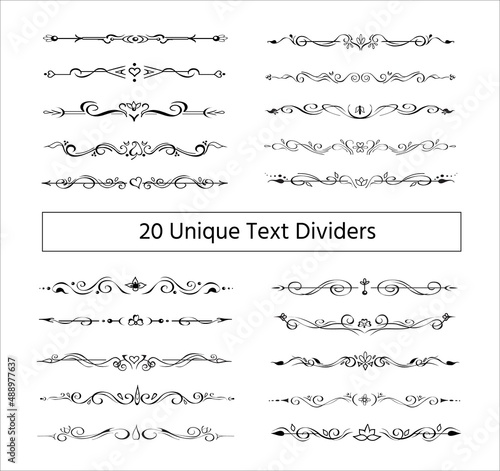 Set of 20 ornate text delimiters, dividers, page bottom decorative borders, fancy vignettes. Hand-drawn elements