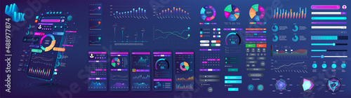 Modern UI, UX, KIT and Web elements set. Infographic, charts, statistic graphics template. Diagram mockup dashboard with chart graphic and infographic. Visualization information UI, UX, KIT. Vector