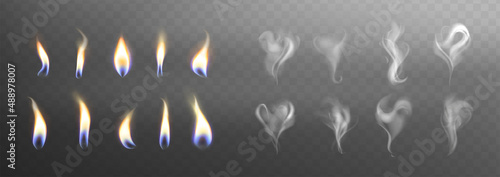 Candle flame lights and smoke steam with hart and swirl shaped collection on dark background. Set of burning fire flames. Vector realistic candlelight element design.