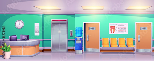 Cartoon stomatology clinic or hospital. Interior of empty dental hall or waiting room with chair, elevator, reception and doctor office doors. Tooth treatment, oral care and teeth hygiene concept.