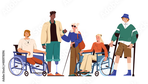 Disabled characters on wheelchair and crutches. Man with prosthetic leg support blind girl. Group of young people or multiracial friends with special needs. Vector illustration in flat style.