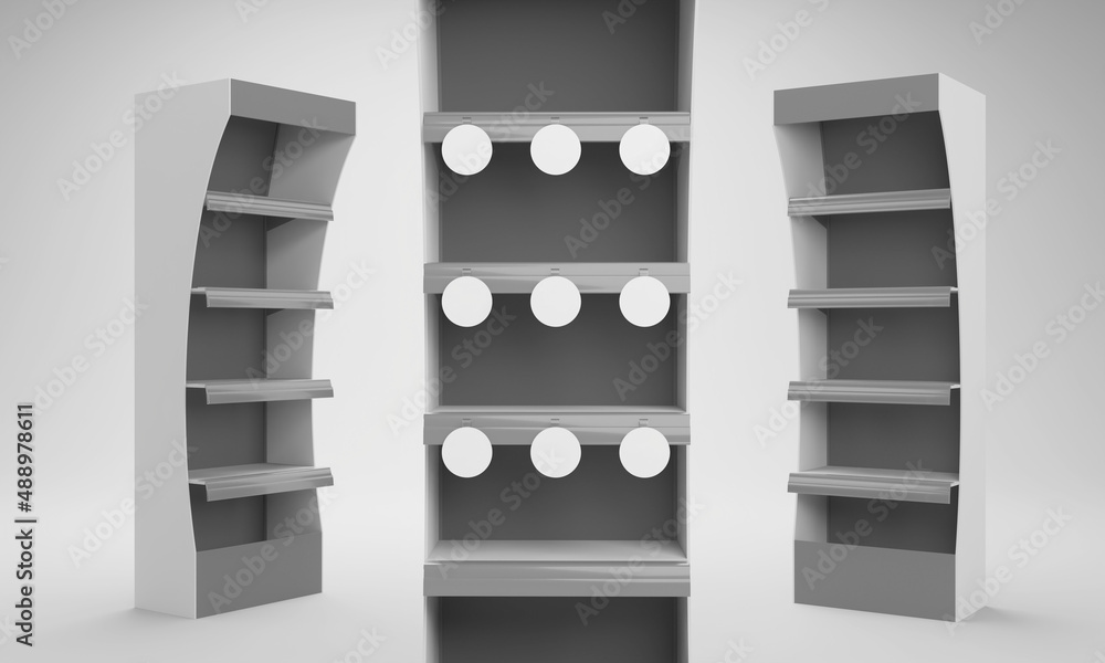 Supermarket POS Cardboard Floor Display Rack, Blank Empty Advertisement Stand Mock Up, 3D rendering Supermarket POS Cardboard Floor Display Rack, Blank Empty Advertisement Stand Mock Up, 3D rendering