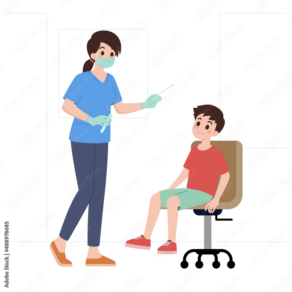 A doctor or nurse is about to do a nose swab test for a patient who comes to the hospital to check for a coronavirus infection. Cartoon character health concept isolated on white background. A doctor or nurse is about to do a nose swab test for a patient who comes to the hospital to check for a coronavirus infection. Cartoon character health concept isolated on white background.