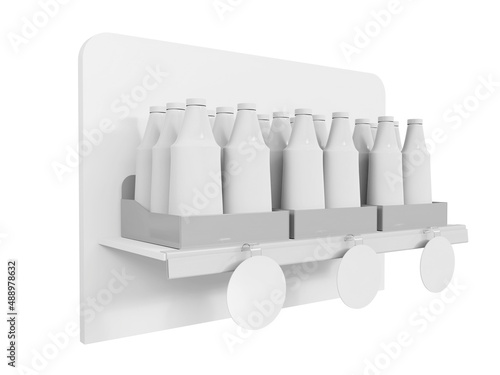 Small shelf with circle wobblers and bottles, product display 3d mockup photo