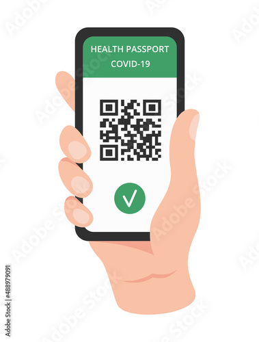 A hand is holding a smartphone with Health passport for Covid-19. Coronavirus Immune passport, vaccination status certificate, QR code vector illustration. Flat design.