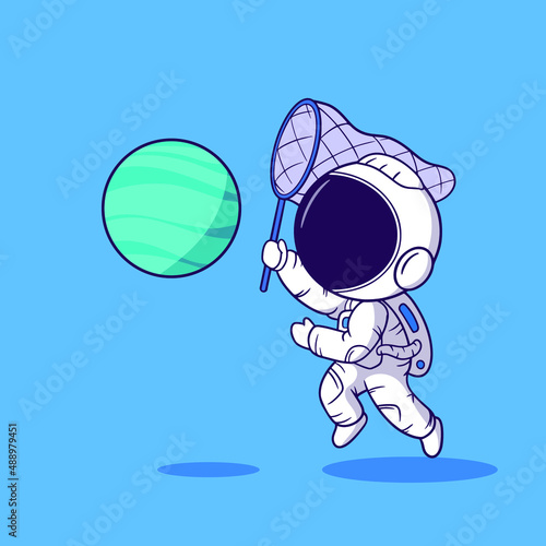 cute illustration astronaut catching planet ball