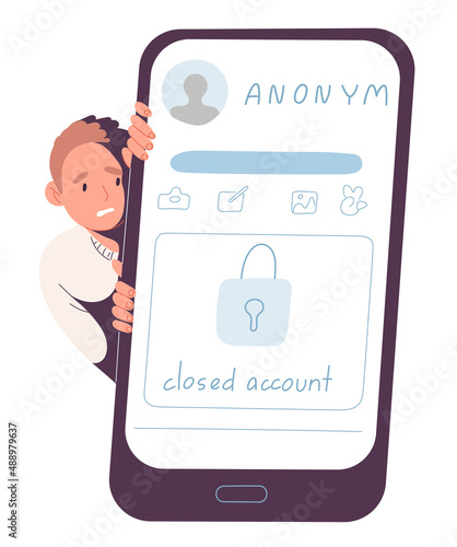 Person is afraid of being snooped in a network, paranoia, closed social media account