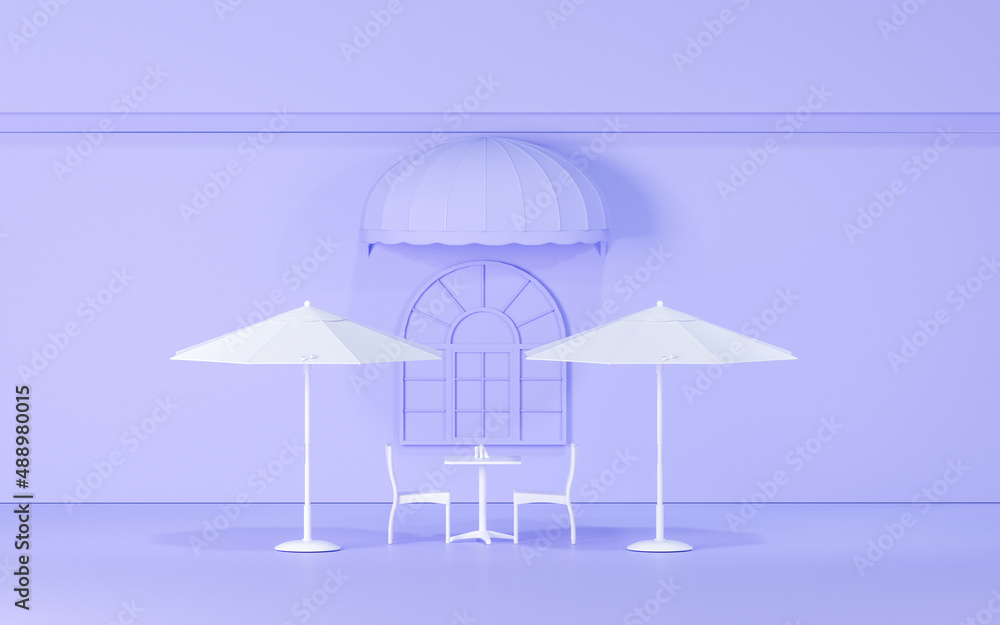 Exterior of outdoor cafe with pastel purple color. Front of classical style commercial. Coffee shop has blank sign, table and chairs in very peri background. 3D render for studio and picture
