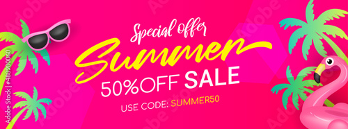 Summer sale banner vector illustration. Flamingo swim ring on hot pink background photo