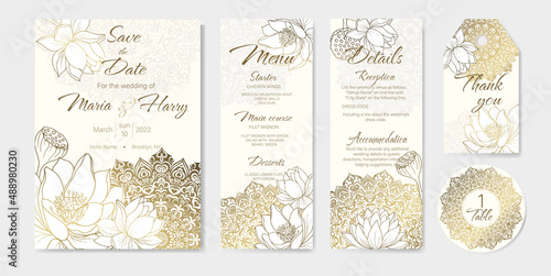 Golden lotus pattern for floral Wedding card, Save the date, Thank you, Menu postcard. Invitations design template with Mandala and lotus. 