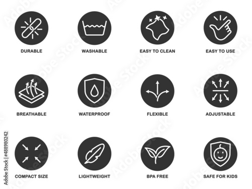 Material properties icons set. Fabric feature symbols. Vector illustration. photo