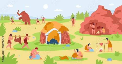 Primitive people life scene, stone age characters lifestyle. Prehistoric men hunting mammoth, caveman cooking food vector illustration. Primitive prehistoric caveman and tribe photo