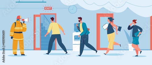 Emergency evacuation procedure, evacuating people burning office building. Firefighter with megaphone, fire safety training vector illustration. Emergency evacuation in doorway, exit and run away