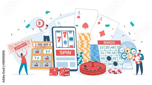Online casino gambling, lucky people winning jackpot. Characters playing slot machine, bingo, roulette, lottery winners vector illustration. Online chance lucky to win jackpot