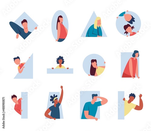 People peeping out window and peeking behind wall. Male and female characters looking out of various shapes, spying person vector set. Illustration of curious peeping from window