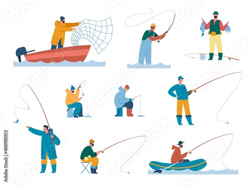 People fishing with rod on lake, fisherman catching fish with net. Fisher characters, fishermen ice fishing, summer leisure activity vector set. Illustration of fisherman on lake