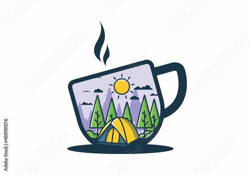 Fun camping with dome tent flat illustration