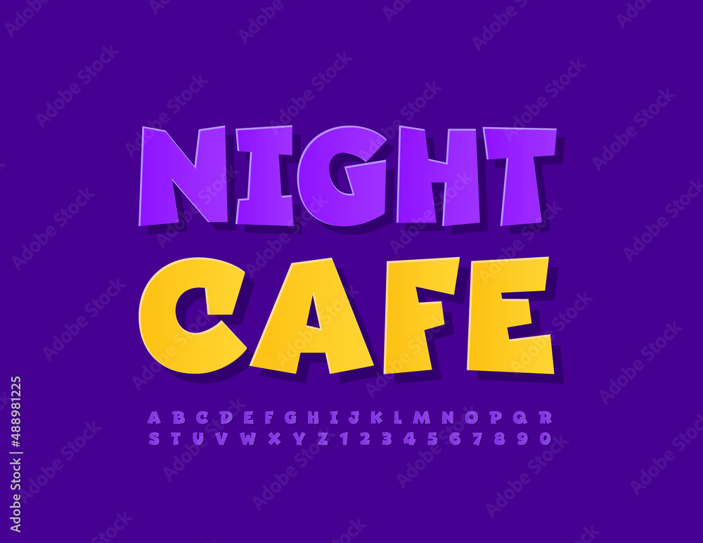 Vector bright Poster Night Cafe. Modern Font. Artistic Alphabet Letters and Numbers