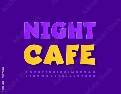 Vector bright Poster Night Cafe. Modern Font. Artistic Alphabet Letters and Numbers