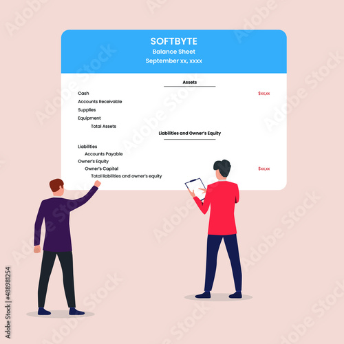 Balance sheet format. Part of financial statement icon. Accounting, bookkeeping, audit debit and credit calculations. Colored flat vector illustration. photo