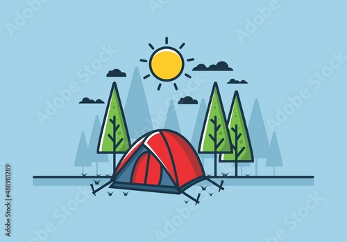 Fun camping with dome tent flat illustration