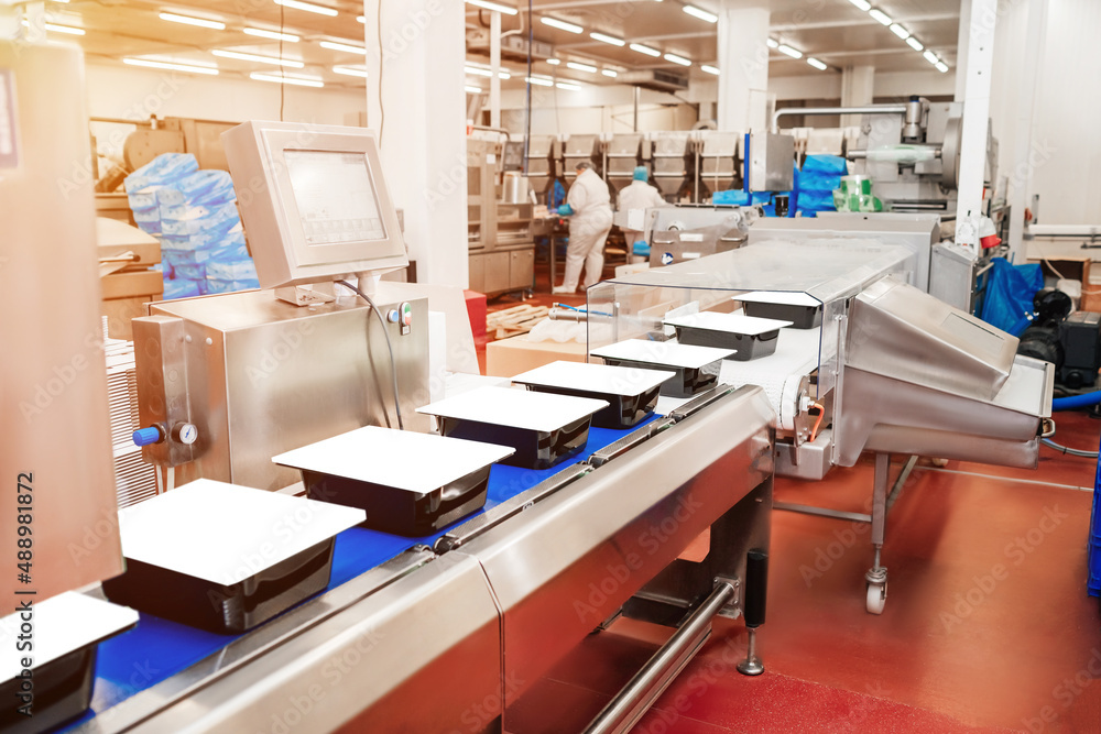 Production line with packaging and cutting of meat.Food industry