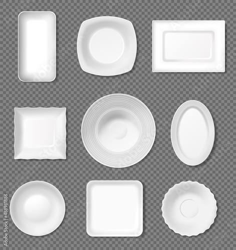 Realistic white plate, top view empty dishes, porcelain dinnerware. Dinner plates and bowls, kitchen crockery, ceramic tableware vector set. Illustration of dish plate white, kitchen dishware