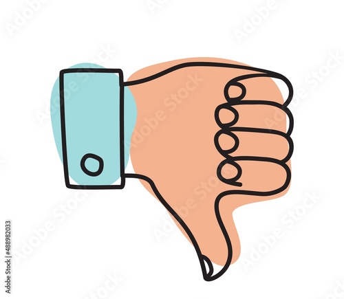 Doodle thumbs down icon or logo hand drawn with thin line