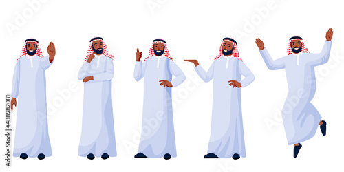 Arab young happy men in traditional clothing in different poses. Arabic muslim male characters set. Vector illustration