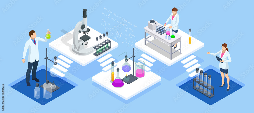 Isometric Chemical Laboratory concept. Molecular Biology Technics Laboratory. In a laboratory scientific or technological research, experiments, and measurement may be performed. - obrazy, fototapety, plakaty 